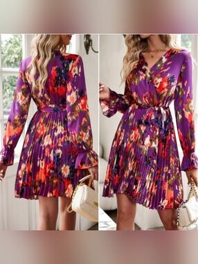 Harmony In Nature Purple Floral Pleated Long Sleeve Tie Waist Wrap Dress NWT XL